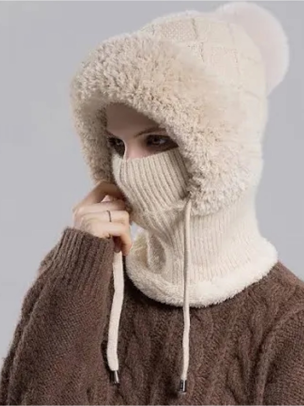 NWOT 🧣 VEGAN 3-in-1 CREAM BEIGE OFF-WHITE KNIT BEANIE/SCARF/FACE MASK COMBO HAT - Picture 2 of 13
